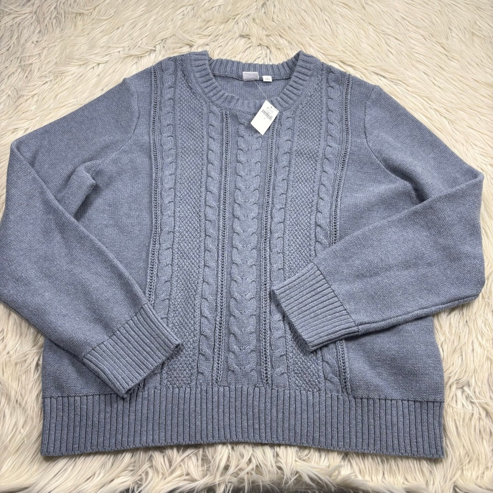 NWT Gap Women's L Gray Crew Cable-Knit Sweater 100% Cotton Preppy Heritage